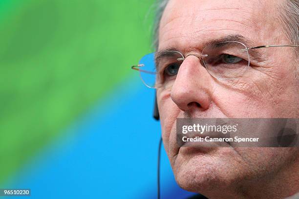 President Jacques Rogge speaks during a Press Conference at the Main Press Centre ahead of the Vancouver 2010 Winter Olympics on February 8, 2010 in...