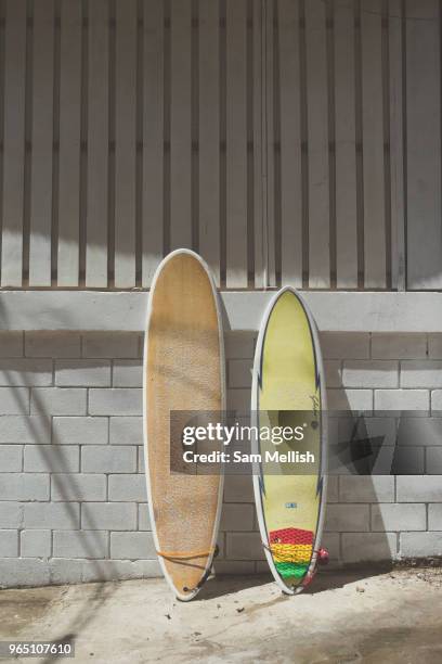 Two surf boards at Playa Santa Teresa in Malpais on the Nicoya Peninsula on the 11th November 2016 in Costa Rica in Central America. Malpais is a...