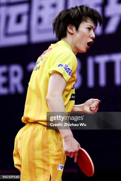 Matsudaira Kenta of Japan in action at the men's singles match compete with Wang Chuqin of China during the 2018 ITTF World Tour China Open on June...