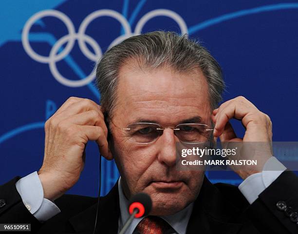 International Olympic Committee President Jacques Rogge gives a press briefing on the 2010 Winter Olympics at the Main Press Center in downtown...