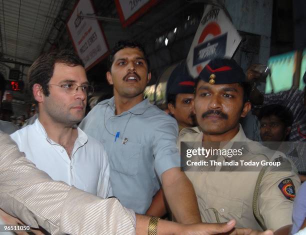 Rahul Gandhi arrive at Ghatkopar Station by train to visit Ramabai Ambedkar Nagar at Ghatkopar East on Friday, February 5, 2010.