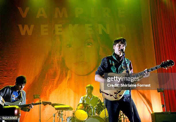 Ezra Koenig, Rostam Batmanglij and Chris Tomson of Vampire Weekend perform at Manchester Apollo on February 8, 2010 in Manchester, England.