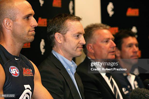 Carlton Captain Chris Judd, General Manager Mars Peter West, Carlton CEO Greg Swan and Carlton Coach Brett Ratten attend a Carlton Blues AFL media...