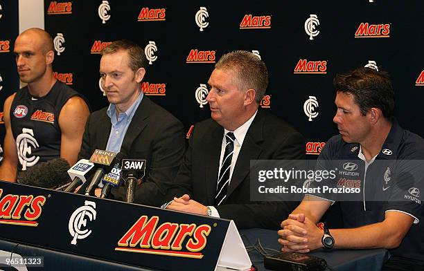 Carlton Captain Chris Judd, General Manager Mars Peter West, Carlton CEO Greg Swan and Carlton Coach Brett Ratten speak during a Carlton Blues AFL...