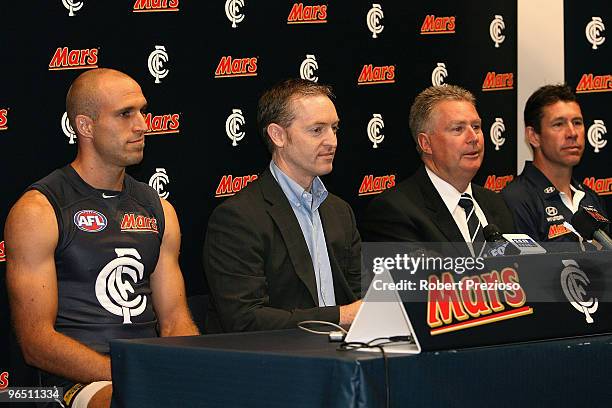 Carlton Captain Chris Judd, General Manager Mars Peter West, Carlton CEO Greg Swan and Carlton Coach Brett Ratten speak during a Carlton Blues AFL...