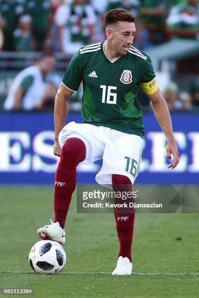 Hector Herrera of Mexico in action against Wales during the first half of their friendly international soccer match at the Rose Bowl on May 28, 2018...