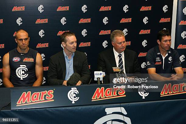 Carlton Captain Chris Judd, General Manager of Mars Peter West, Carlton CEO Greg Swan and Carlton Coach Brett Ratten speak during a Carlton Blues AFL...