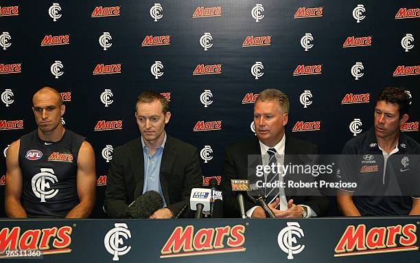 Carlton Captain Chris Judd, General Manager Mars Peter West, Carlton CEO Greg Swan and Carlton Coach Brett Ratten speak during a Carlton Blues AFL...