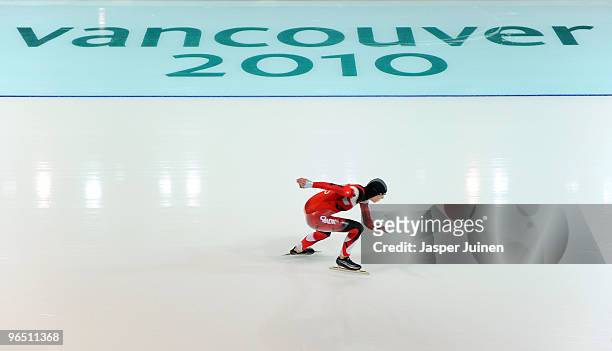 Kristina Groves of Canada practices during speedskating previews at the Richmond Olympic Oval ahead of the Vancouver 2010 Winter Olympics on February...