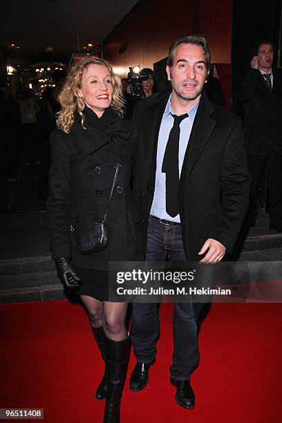 Jean Dujardin and Alexandra Lamy attend the Globe de Cristal ceremony at Le Lido on February 8, 2010 in Paris, France.