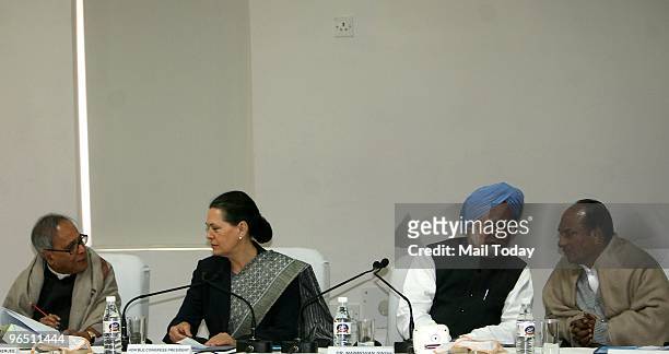 Prime Minister Manmohan Singh, Congress President Sonia Gandhi, Union Finance Minister Pranab Mukherjee and Defence Minister A.K. Antony at Congress...