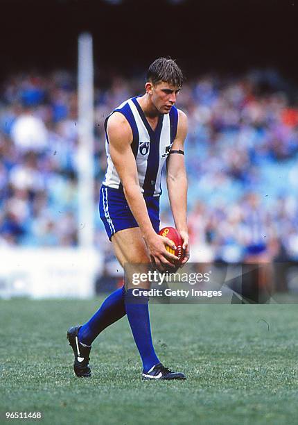Corey McKernan of the Kangaroos lines up for a goal during an AFL match between North Melbourne Kangaroos and St Kilda Saints on March 1, 1994 in...