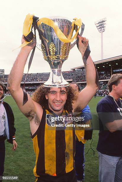 John Platten of the Hawks celebrates with the trophy after winning the 1988 VFL Grand Final match between Hawthorn Hawks and Melbourne Demons at the...