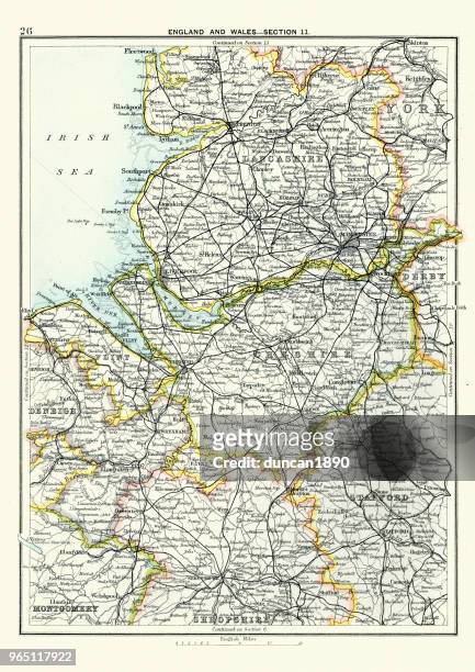 ilustrações, clipart, desenhos animados e ícones de mapa antigo, lancashire, cheshire, stafford, liverpool, século xix - derby england