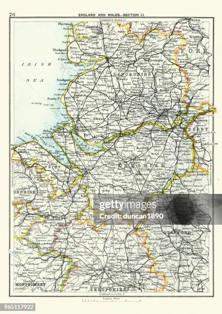 bildbanksillustrationer, clip art samt tecknat material och ikoner med antika karta, lancashire, cheshire, stafford, liverpool, 1800-talet - northwest england