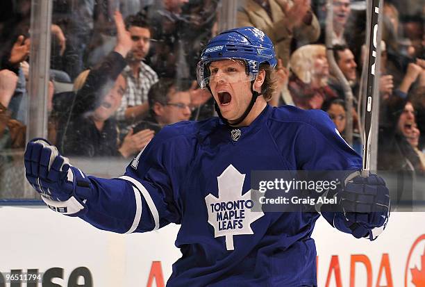 Phil Kessel of the Toronto Maple Leafs celebrates a second period goal against the San Jose Sharks during game action February 8, 2010 at the Air...