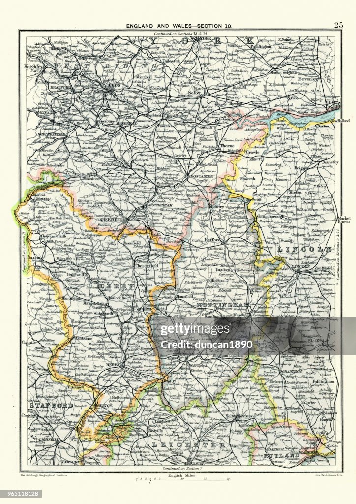Antike Landkarte, West Yorkshire, Derby, Nottingham, Lincoln, 19. Jahrhundert