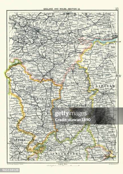 antike landkarte, west yorkshire, derby, nottingham, lincoln, 19. jahrhundert - yorkshire stock-grafiken, -clipart, -cartoons und -symbole