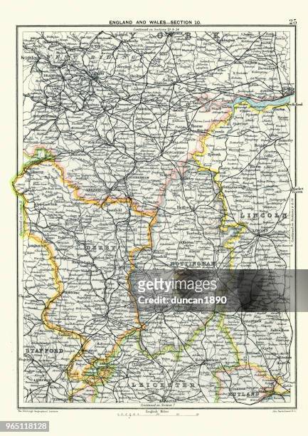 antique map, west yorkshire, derby, nottingham, lincoln, 19th century - nottingham stock illustrations