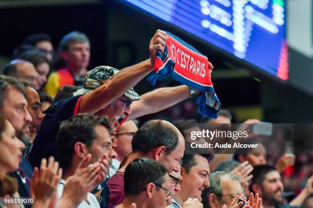 Fans of Psg during the Lidl Starligue match between Paris Saint Germain and Chambery at Salle Pierre Coubertin on May 31, 2018 in Paris, France.