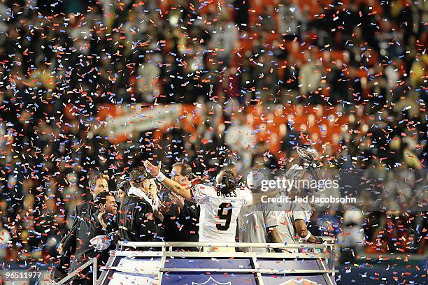 Drew Brees of the New Orleans Saints celebrates after defeating the Indianapolis Colts during Super Bowl XLIV on February 7, 2010 at Sun Life Stadium...