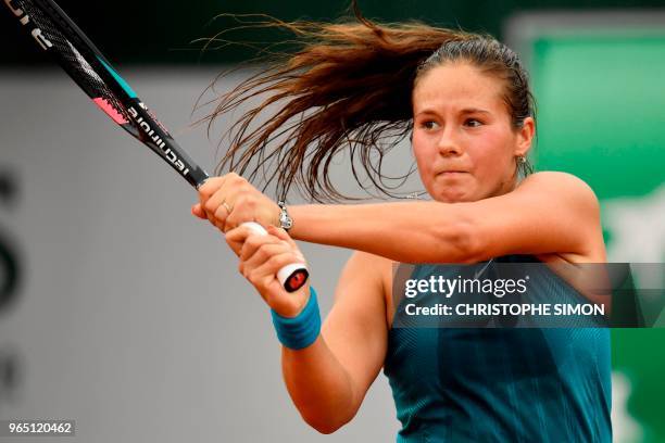 Russia's Daria Kasatkina plays a backhand return to Greece's Maria Sakkari during their women's singles third round match on day six of The Roland...