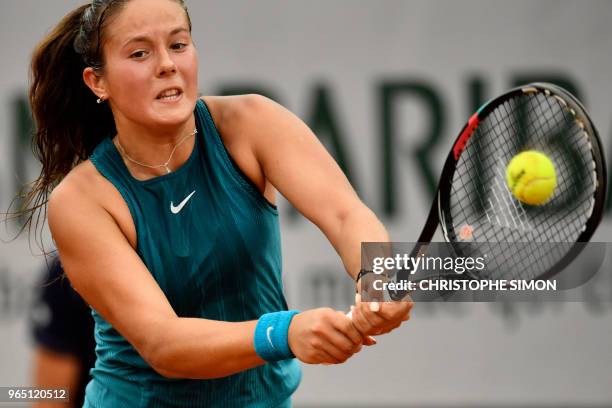 Russia's Daria Kasatkina plays a backhand return to Greece's Maria Sakkari during their women's singles third round match on day six of The Roland...