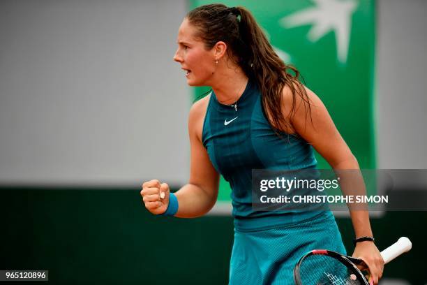 Russia's Daria Kasatkina reacts after a point against Greece's Maria Sakkari during their women's singles third round match on day six of The Roland...