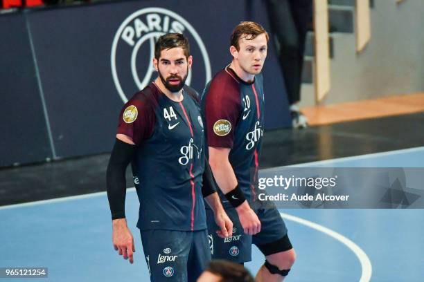 Nikola Karabatic and Sander Sagosen of Psg during the Lidl Starligue match between Paris Saint Germain and Chambery at Salle Pierre Coubertin on May...