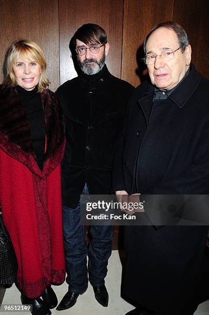 Actress Candice Patou, designer Franck Sorbier and director Robert Hossein attend the Franck Sorbier Paris Fashion Week Haute Couture S/S 2010 at...