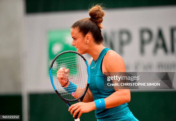 Greece's Maria Sakkari reacts after a point against Russia's Daria Kasatkina during their women's singles third round match on day six of The Roland...