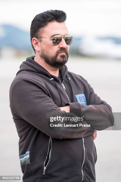 EpicRider Chris Salgardo poses during the arrival of the Life Ball plane on June 1, 2018 in Salzburg, Austria. The EpicRiders travel from Zurich to...