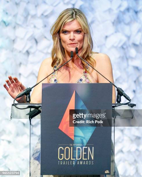 Presenter and actress Missi Pyle speaks on stage at the 19th annual Golden Trailer Awards at The Theatre at Ace Hotel on May 31, 2018 in Los Angeles,...