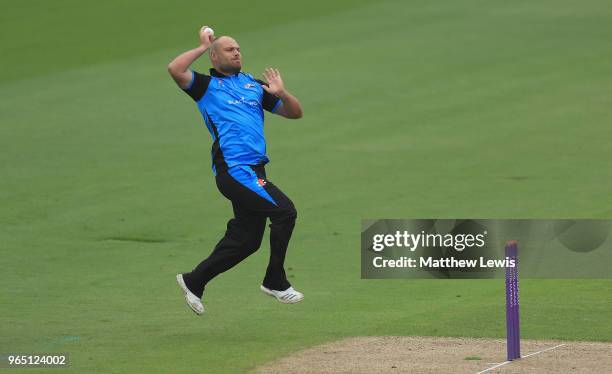 Joe Leach of Worcestershire in action during the Royal London One-Day Cup match between Nottinghamshire nad Worcestershire at Trent Bridge on June 1,...