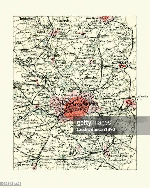 古色古香的地圖, 曼徹斯特, 英國, 第十九世紀 - 大曼徹斯特 幅插畫檔、美工圖案、卡通及圖標