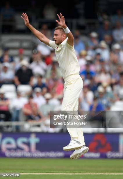 England bowler Stuart Broad reacts as a sharp chance goes down in the slips during day one of the second Test Match between England and Pakistan at...