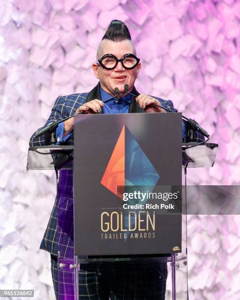 Presenter and actress Lea DeLaria speaks on stage at the 19th annual Golden Trailer Awards at The Theatre at Ace Hotel on May 31, 2018 in Los...