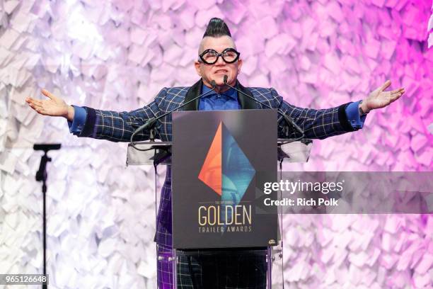 Presenter and actress Lea DeLaria speaks on stage at the 19th annual Golden Trailer Awards at The Theatre at Ace Hotel on May 31, 2018 in Los...