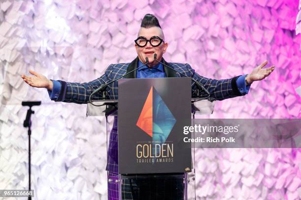 Presenter and actress Lea DeLaria speaks on stage at the 19th annual Golden Trailer Awards at The Theatre at Ace Hotel on May 31, 2018 in Los...