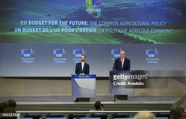 European Commissioner for Agriculture and Rural Development Phil Hogan holds a press conference on Common Agricultural Policy in Brussels, Belgium on...