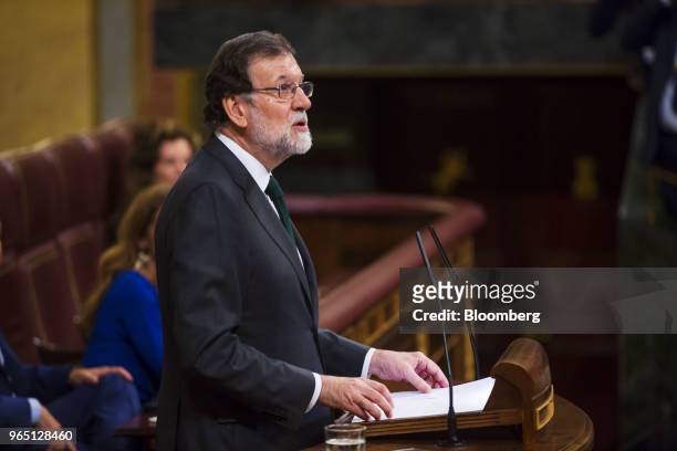 Mariano Rajoy, president of Spain, speaks to during a no-confidence motion vote at parliament in Madrid, Spain, on Friday, June 1, 2018. Rajoy's...