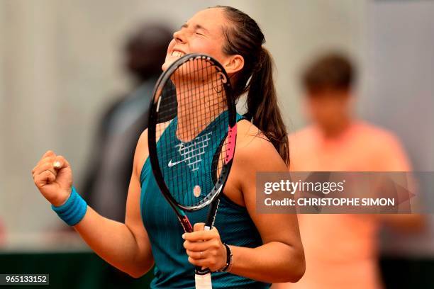 Russia's Daria Kasatkina celebrates after victory over Greece's Maria Sakkari during their women's singles third round match on day six of The Roland...