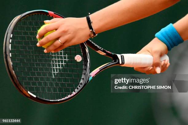 Russia's Daria Kasatkina prepares to serve to Greece's Maria Sakkari during their women's singles third round match on day six of The Roland Garros...