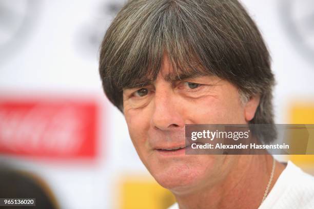 Joachim Loew, head coach of the German national team talks to the media during a press conference of the German national team at Sportanlage Rungg on...