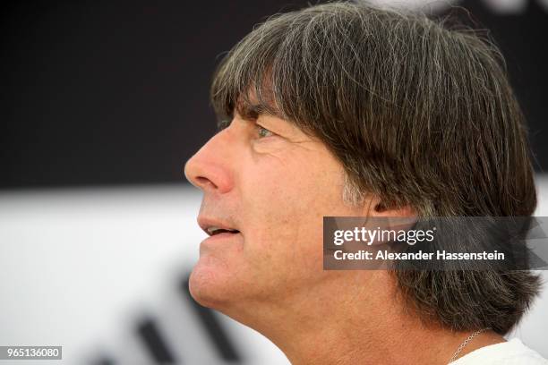 Joachim Loew, head coach of the German national team talks to the media during a press conference of the German national team at Sportanlage Rungg on...