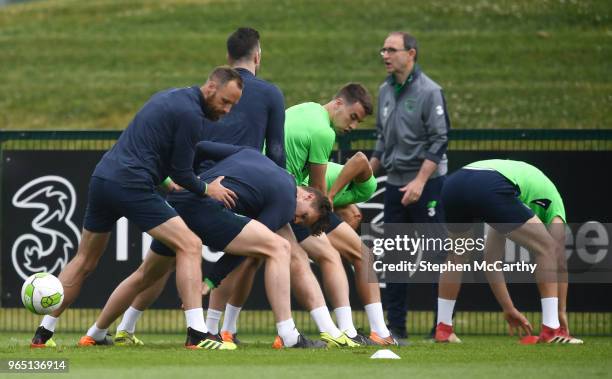 Dublin , Ireland - 1 June 2018; Players, including David Meyler, Kevin Long and Seamus Coleman during Republic of Ireland training at the FAI...