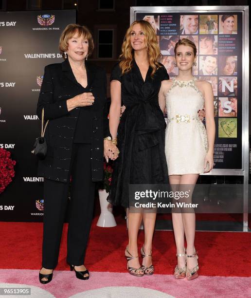 Actresses Shirley MacLaine, Julia Roberts, and Emma Roberts arrive at the premiere of New Line Cinema's "Valentine's Day" held at Grauman's Chinese...