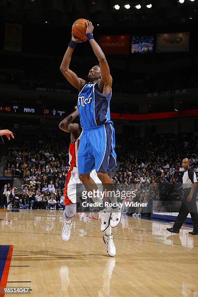Josh Howard of the Dallas Mavericks shoots a jump shot against the Golden State Warriors on February 8, 2010 at Oracle Arena in Oakland, California....