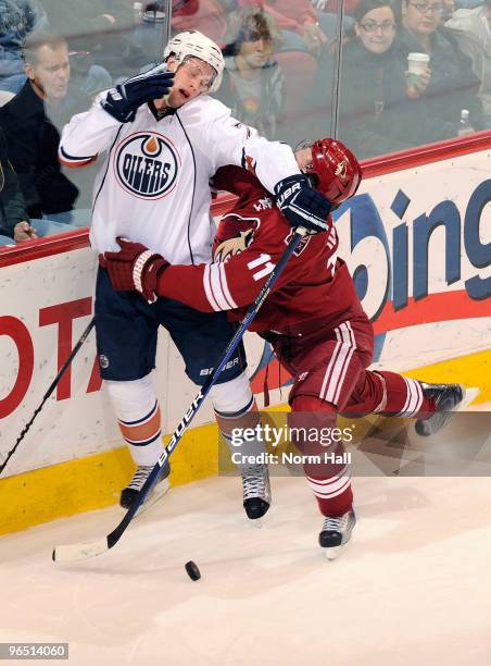 Martin Hanzal of the Phoenix Coyotes and Tom Gilbert of the Edmonton Oilers collide on February 8, 2010 at Jobing.com Arena in Glendale, Arizona.