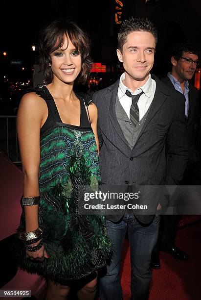 Actress Jessica Alba and actor Topher Grace arrive at the "Valentine's Day" Los Angeles Premiere at Grauman's Chinese Theatre on February 8, 2010 in...